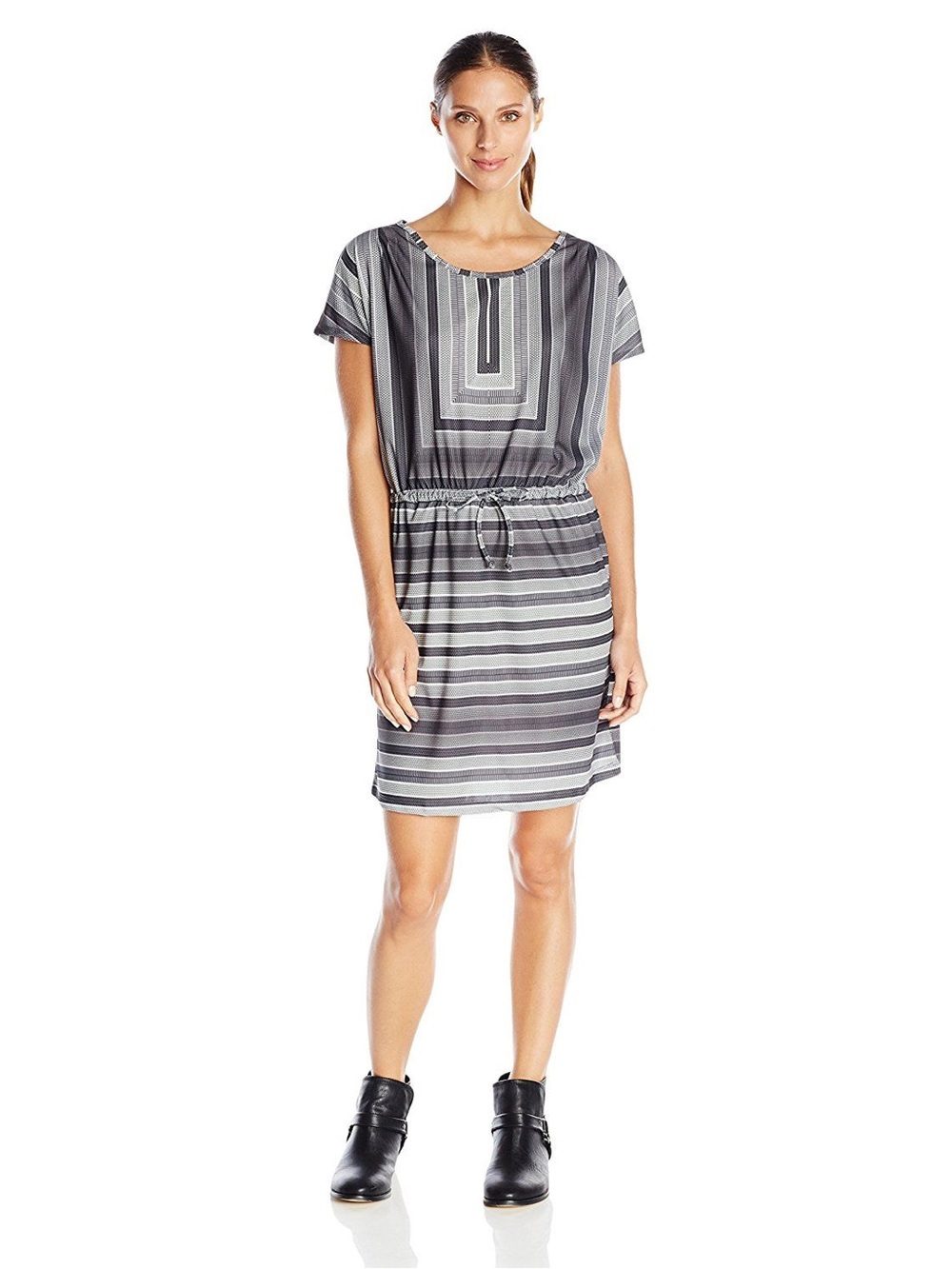 Prana Lindy Dress - Striped Teal & Navy Drawstring Waist
